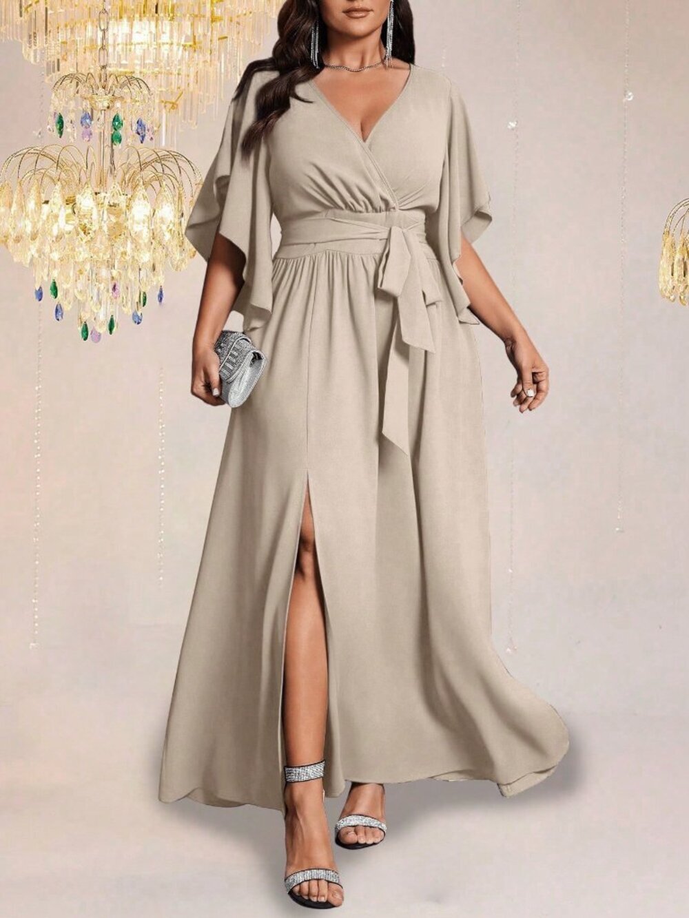 Apricot Elegant Women's Plus Size V Neck Flared Sleeve Party Dress